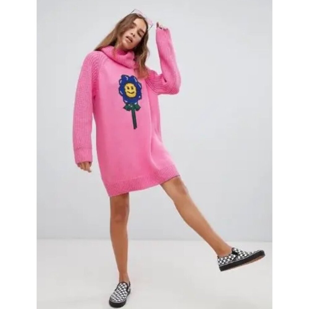 Lazy Oaf Pink Kidcore Knit Oversized Sweater‎ Smiley Flower Turtleneck S